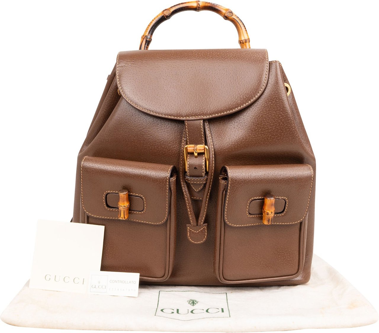 Gucci Brown Pebbled Leather Bamboo Drawstring Backpack Bruin