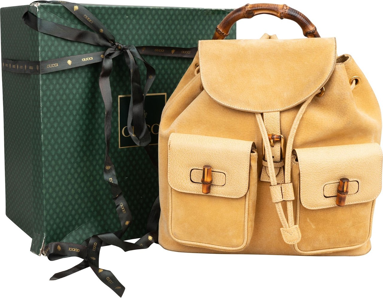 Gucci Suede Bamboo Drawstring Backpack Beige