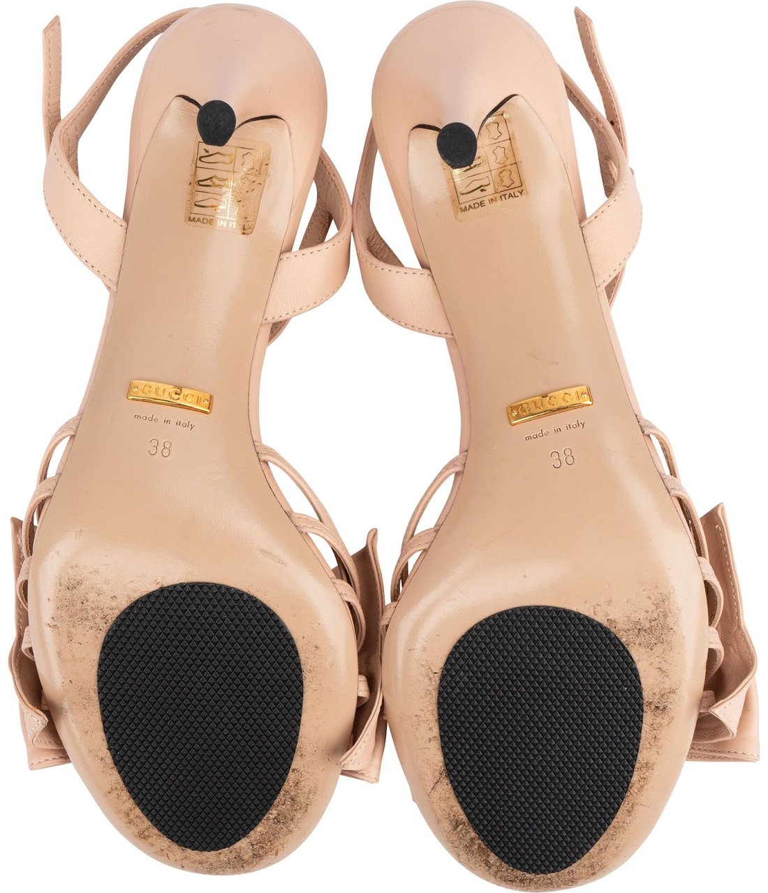 Gucci Nude Leather Studded Bee Bow Sandal Heels (38) Neutraal