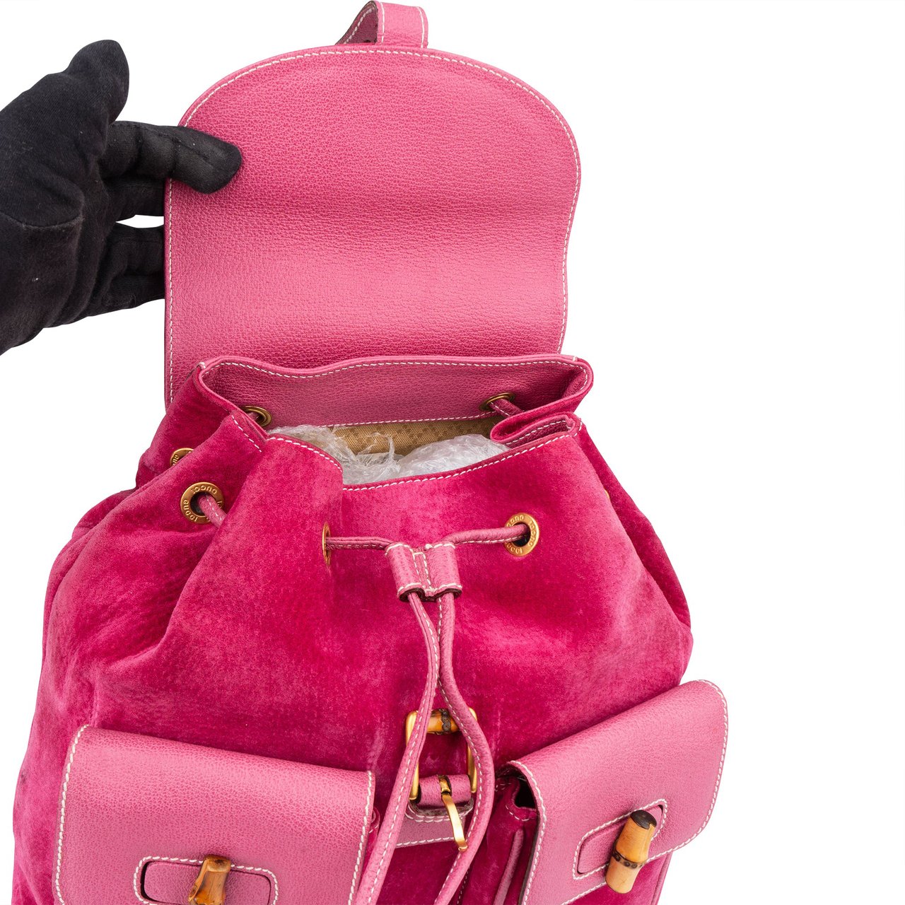 Gucci Gucci Pink Suede Bamboo Backpack Roze