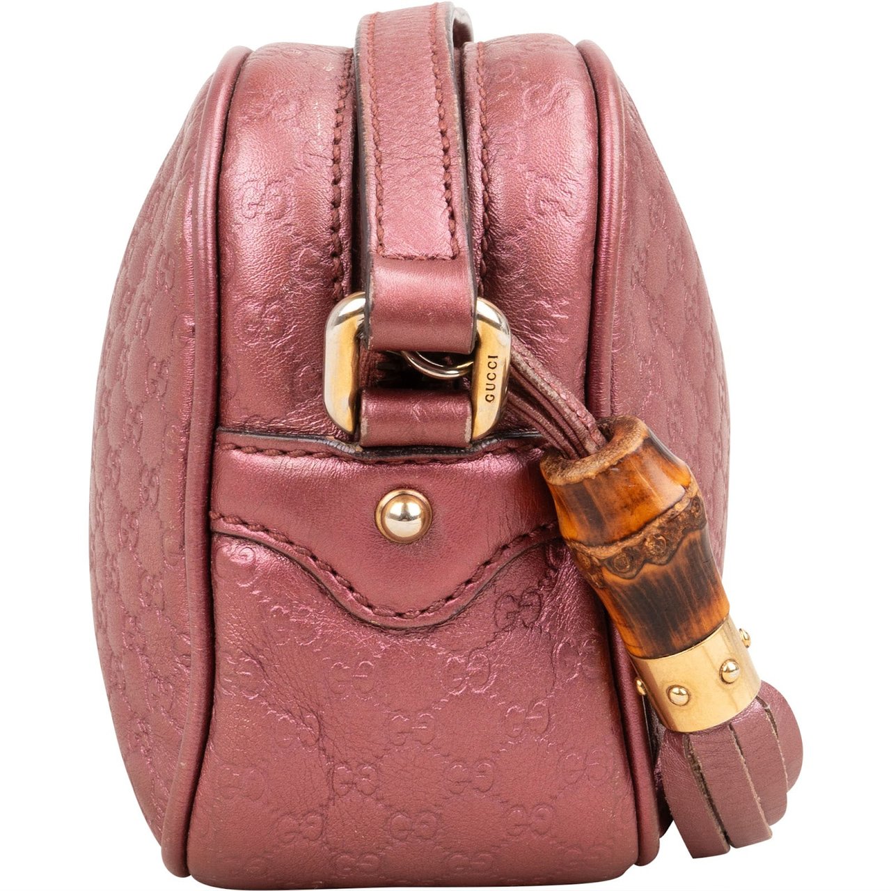 Gucci Microguccissima Metallic Leather Bamboo Tassel Camera Crossbody Bag Rood