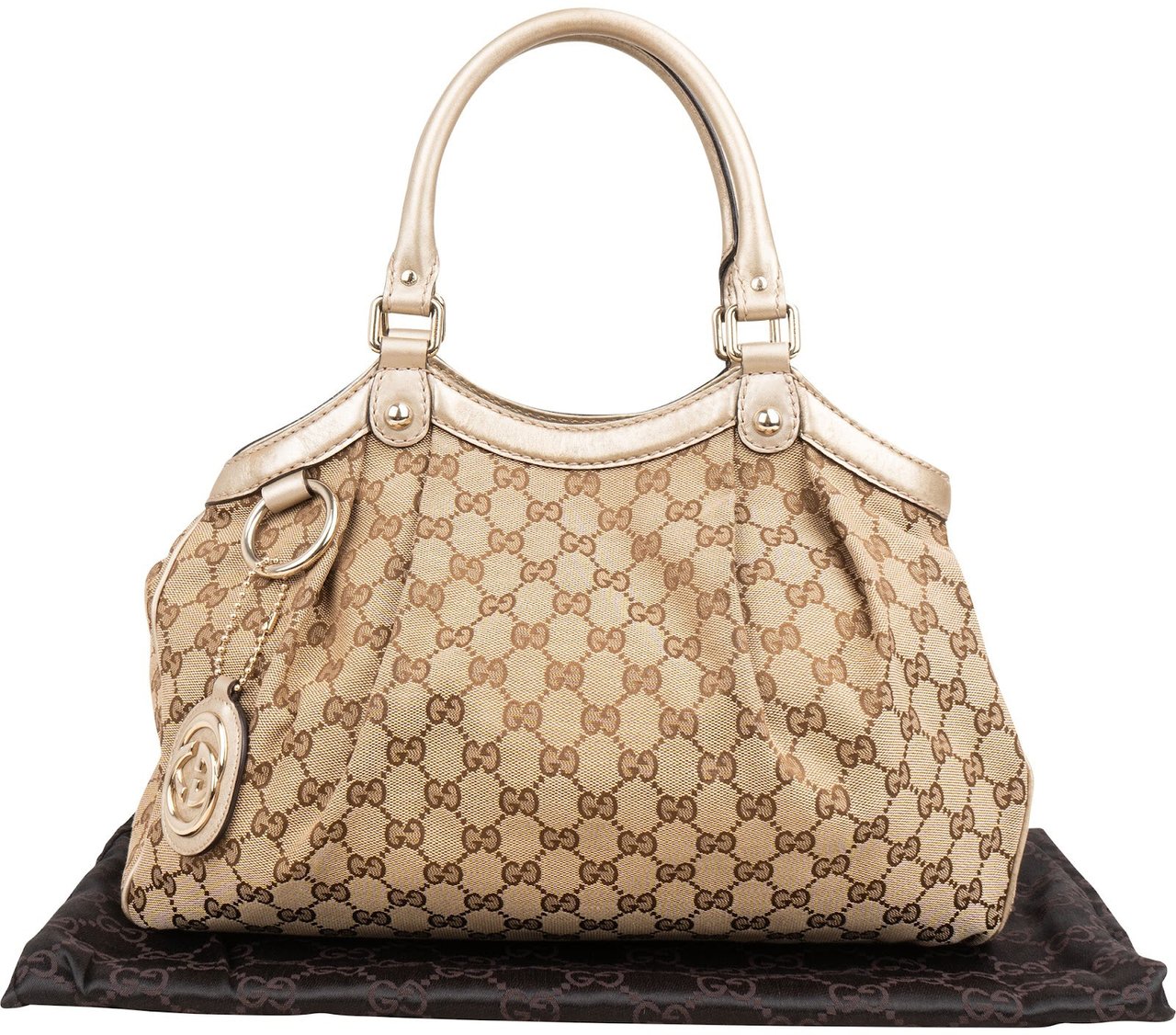 Gucci Monogram GG Canvas Metallic Leather Sukey Handbag Beige