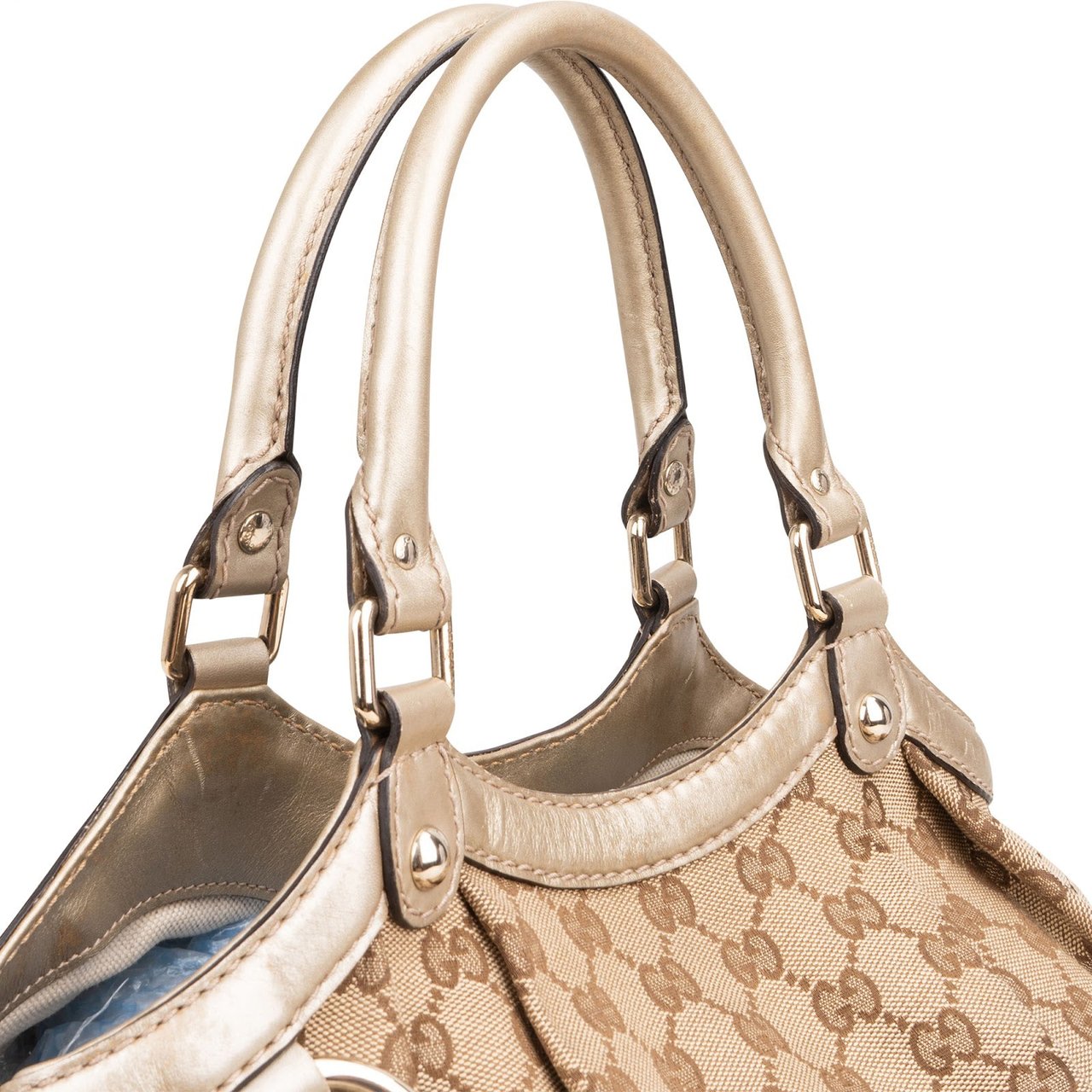 Gucci Monogram GG Canvas Metallic Leather Sukey Handbag Beige
