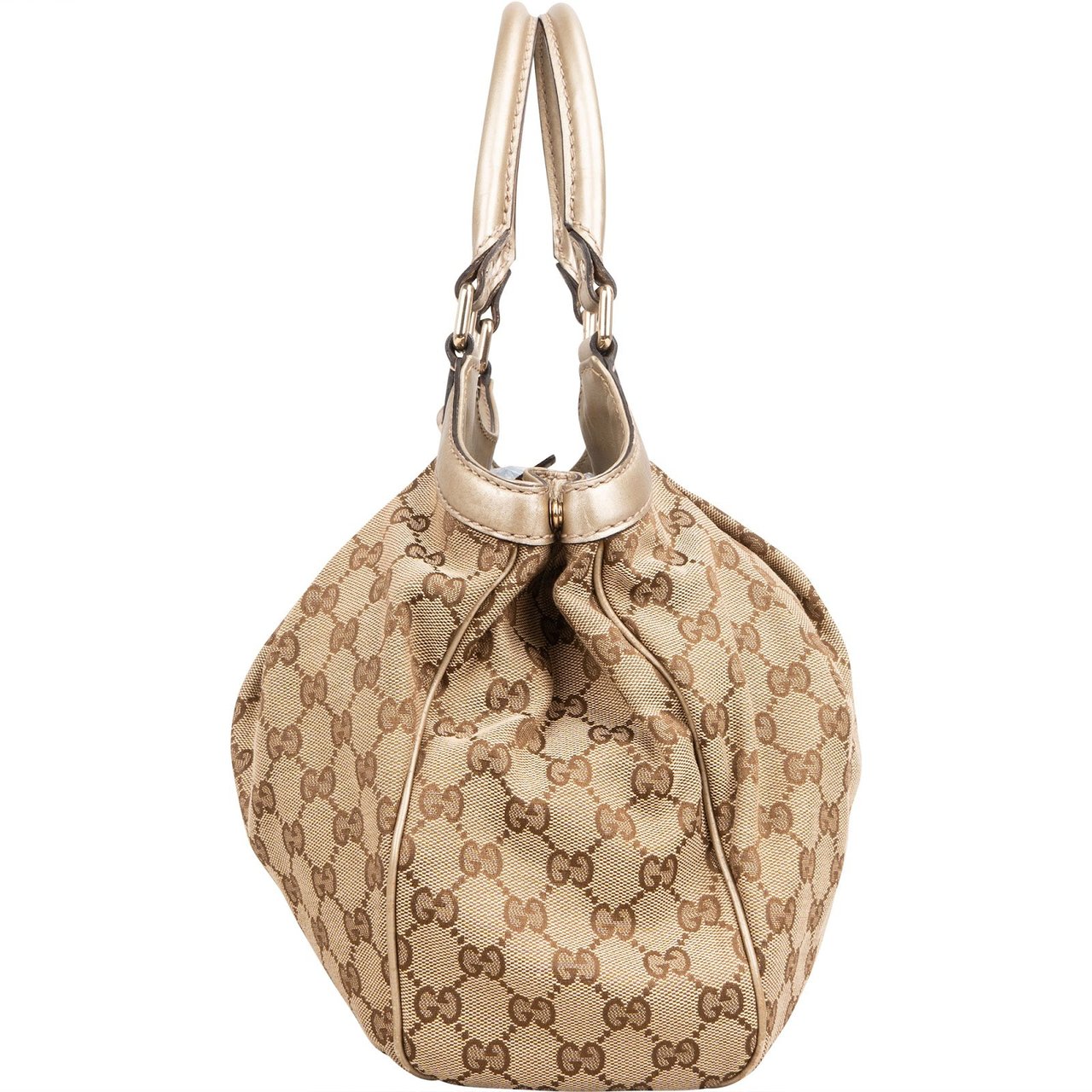 Gucci Monogram GG Canvas Metallic Leather Sukey Handbag Beige