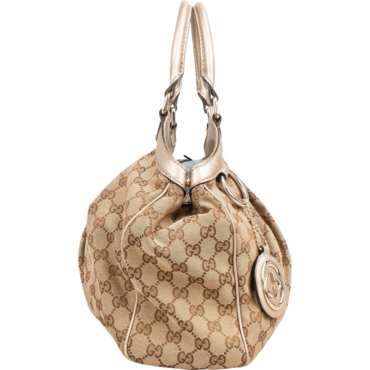 Gucci Monogram GG Canvas Metallic Leather Sukey Handbag Beige