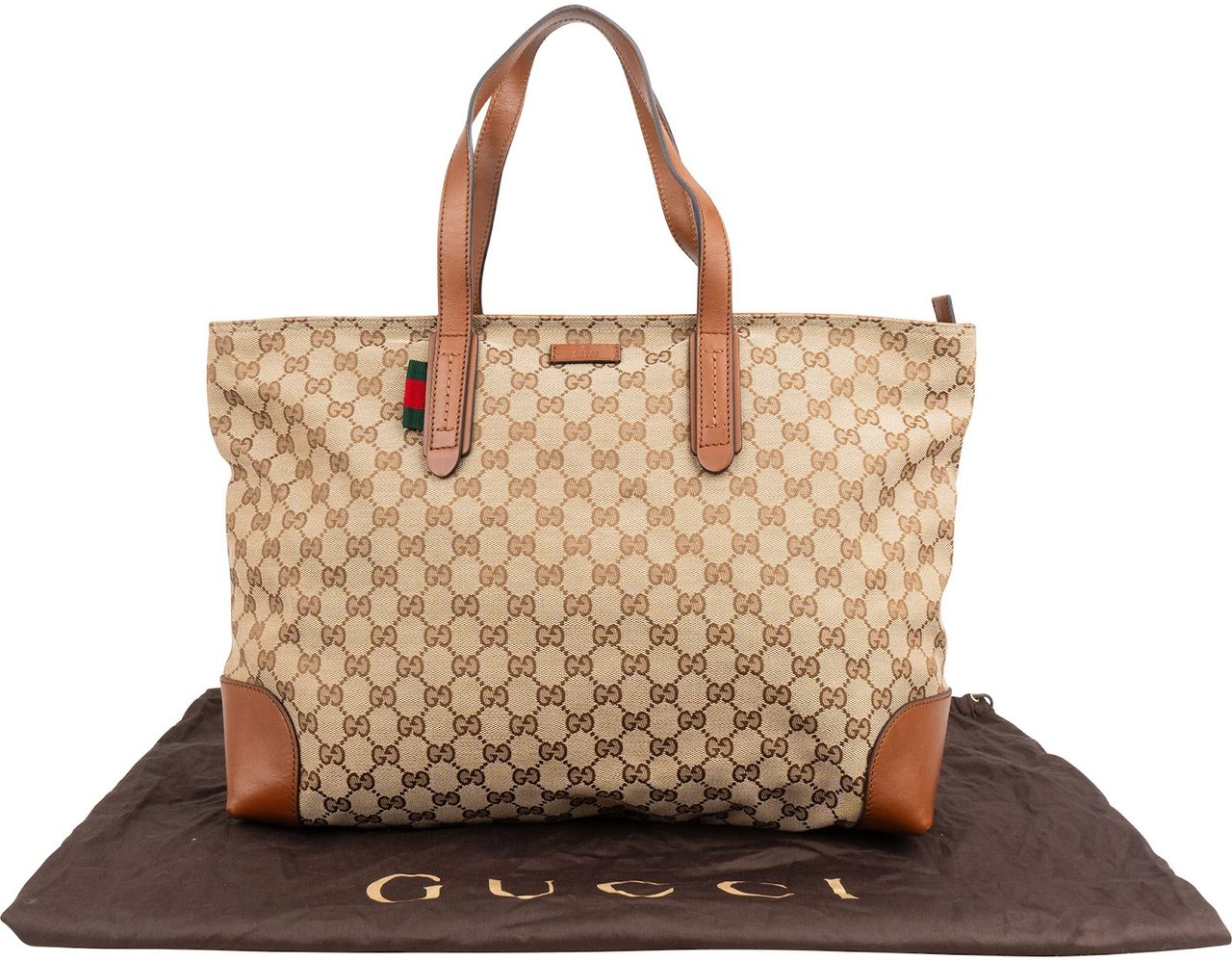 Gucci Monogram GG Canvas Web Detail Sherry Tote Shoulder Bag Beige