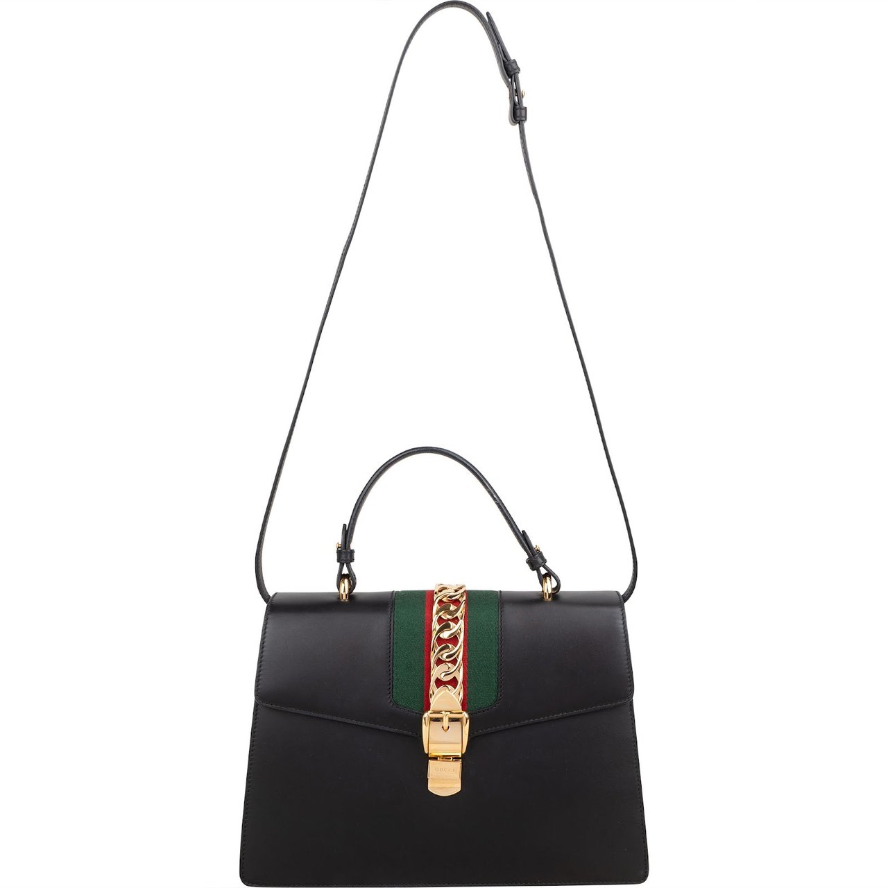 Gucci Black Leather Sylvie Large Top Handle Handbag Zwart