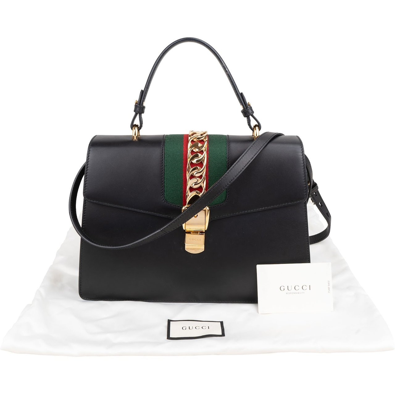 Gucci Black Leather Sylvie Large Top Handle Handbag Zwart