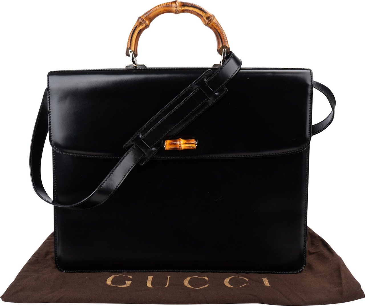 Gucci Black Leather Bamboo Briefcase Handbag Zwart