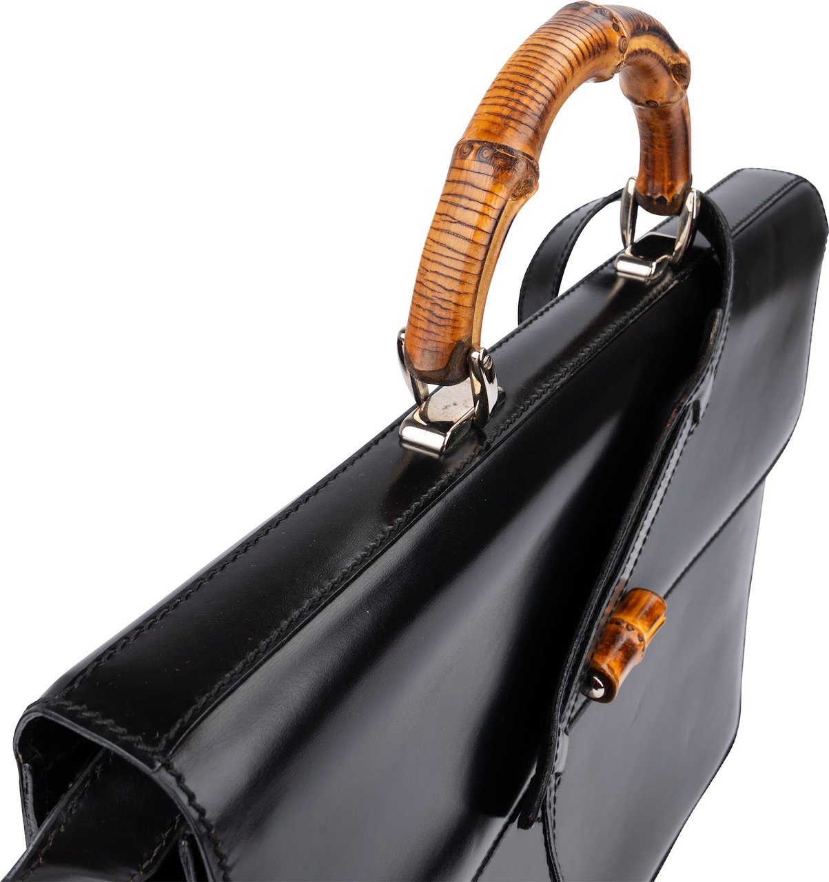 Gucci Black Leather Bamboo Briefcase Handbag Zwart