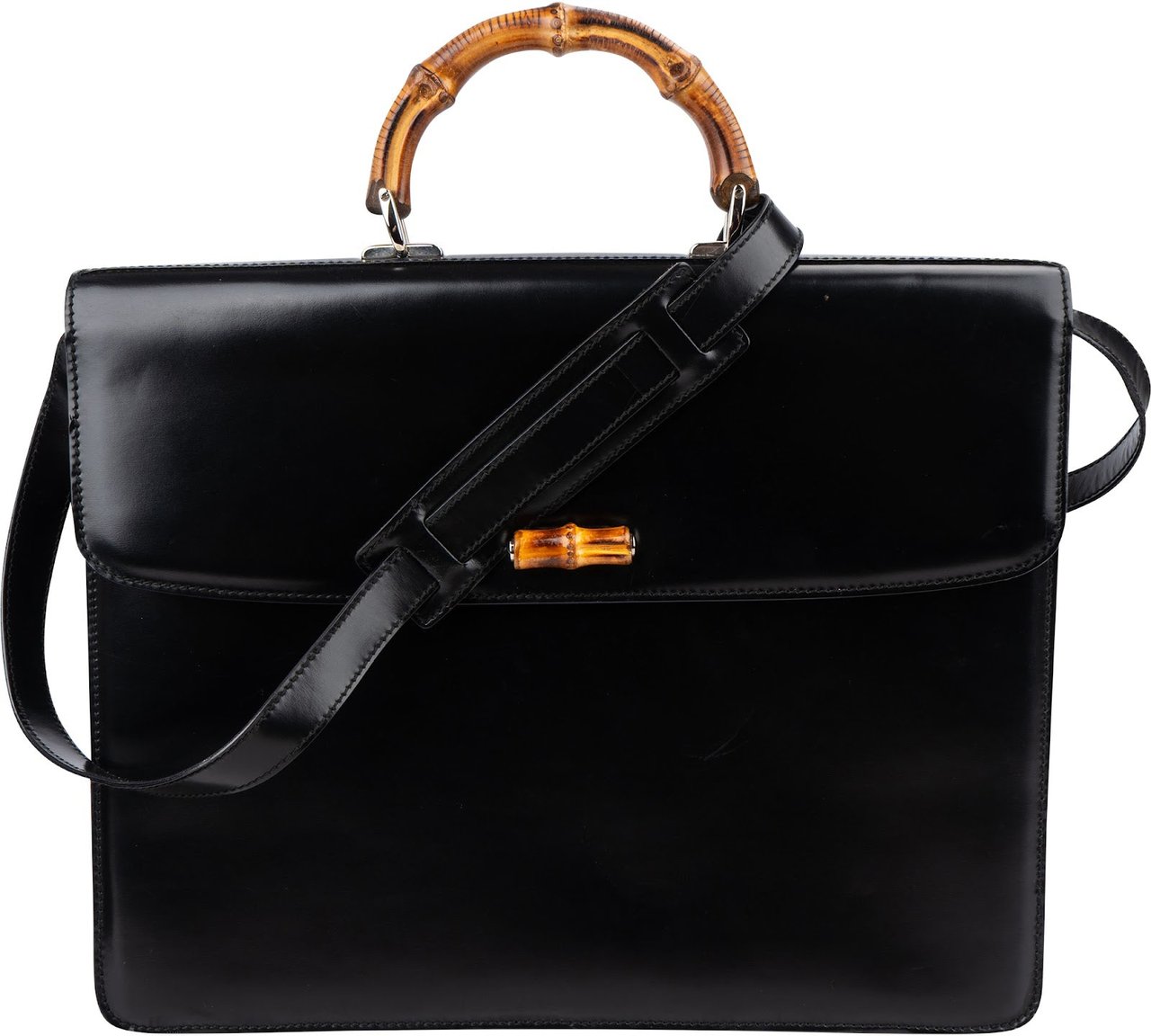 Gucci Black Leather Bamboo Briefcase Handbag Zwart