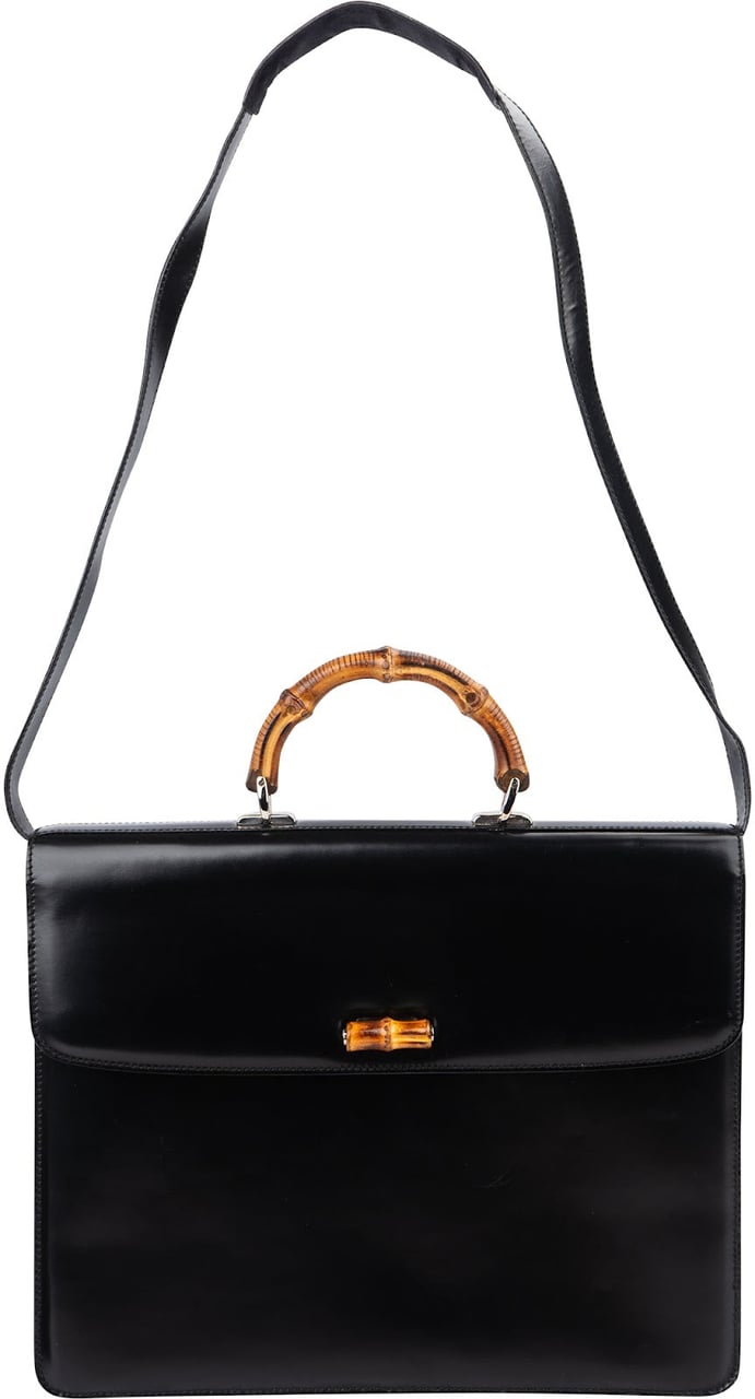 Gucci Black Leather Bamboo Briefcase Handbag Zwart