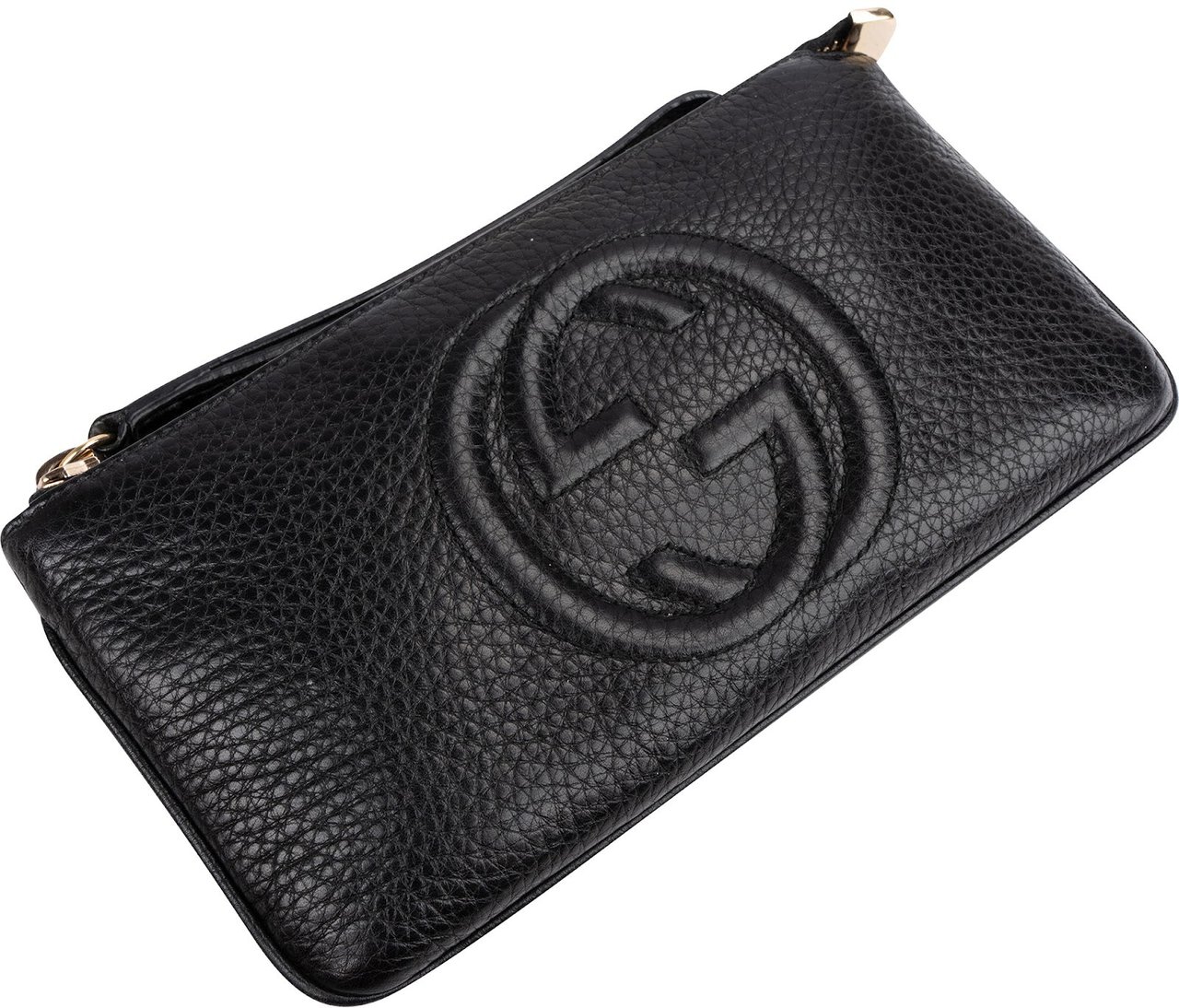 Gucci Pebbled Calfskin Soho Wristlet Pouch Wallet Zwart
