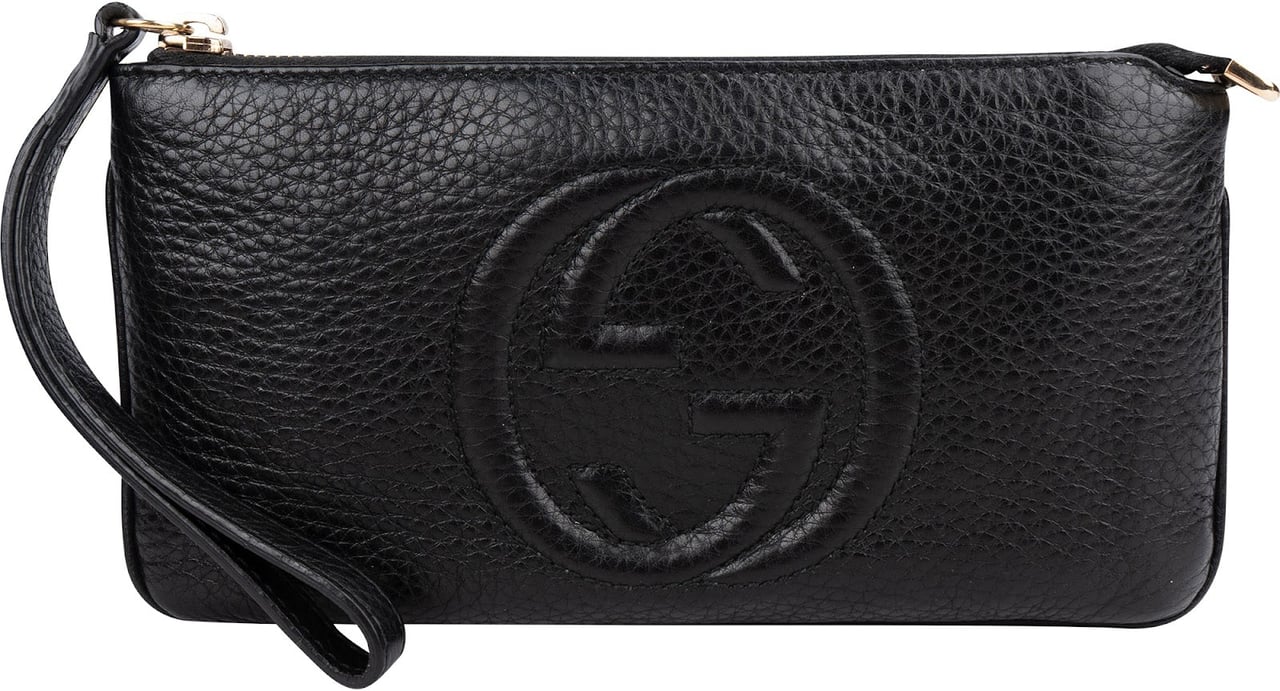 Gucci Pebbled Calfskin Soho Wristlet Pouch Wallet Zwart