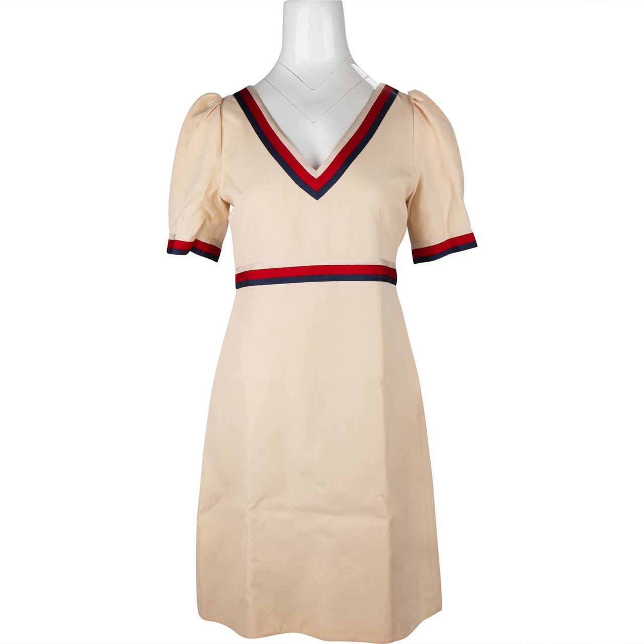 Gucci Beige Web Stripe Web Trim V-Neck Dress (IT42) Beige