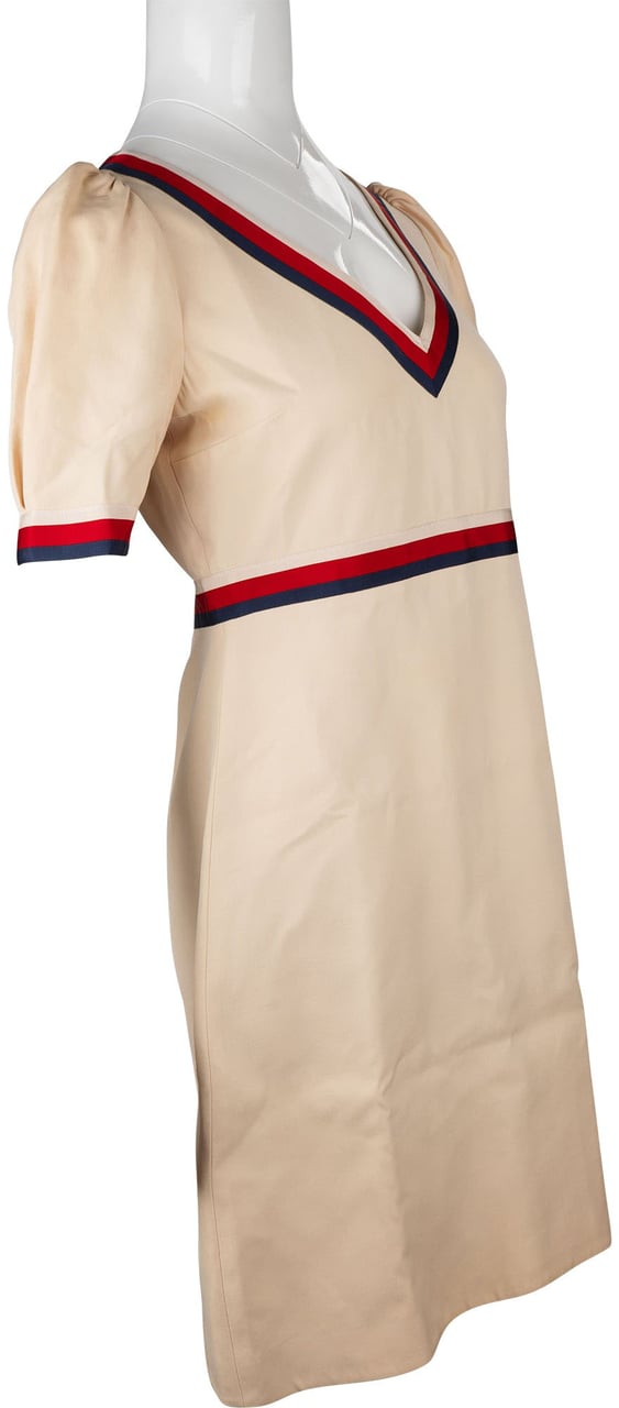 Gucci Beige Web Stripe Web Trim V-Neck Dress (IT42) Beige