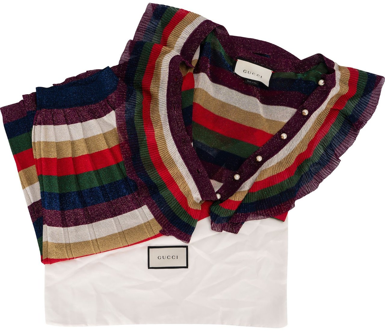 Gucci Multicolor Striped Glitter Cardigan GG Pearl Buttons Dress Costume Set (M) Divers