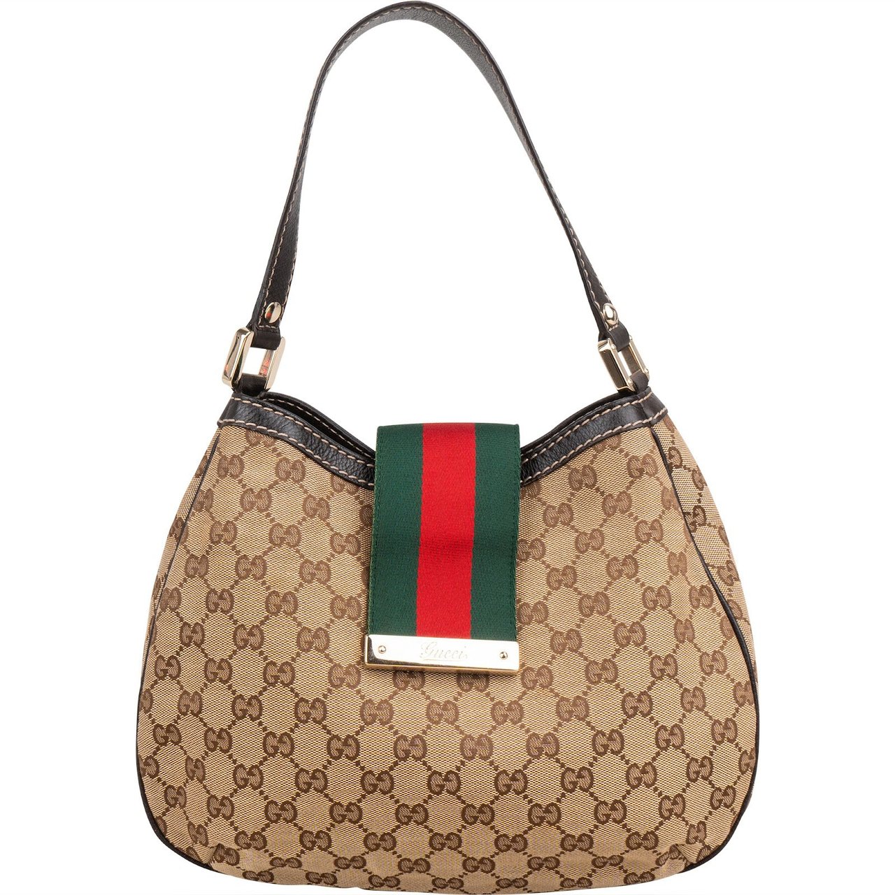 Gucci Monogram GG Canvas Web Hobo Shoulder Bag Bruin
