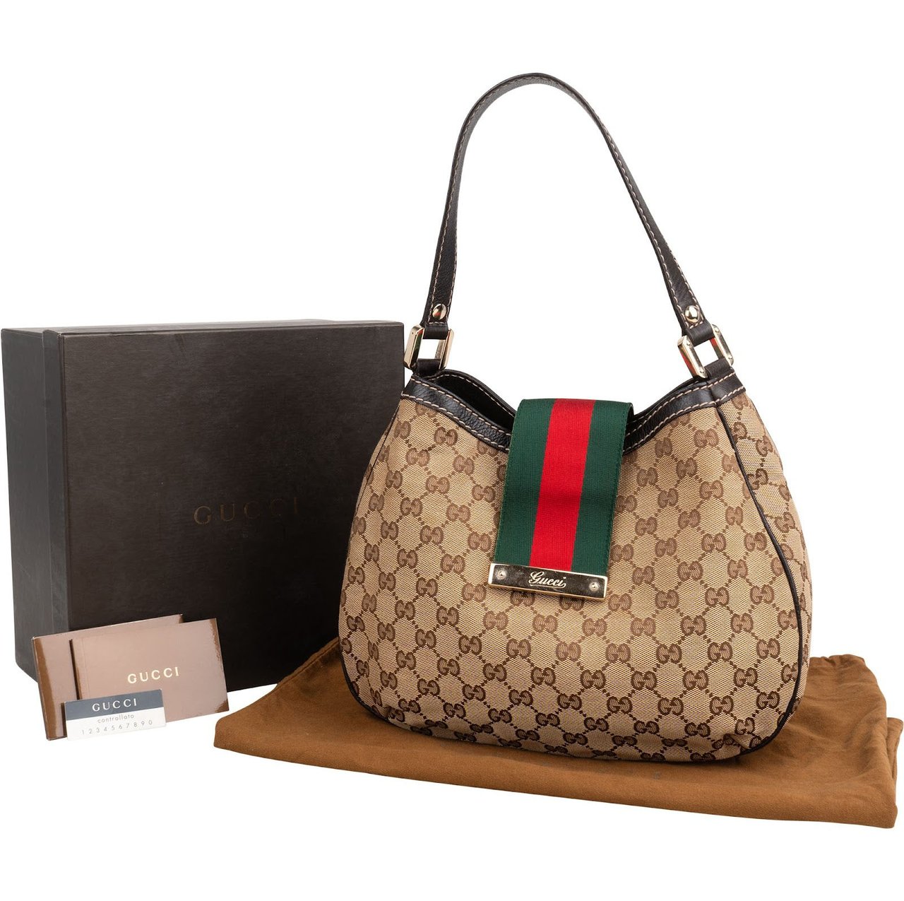 Gucci Monogram GG Canvas Web Hobo Shoulder Bag Bruin