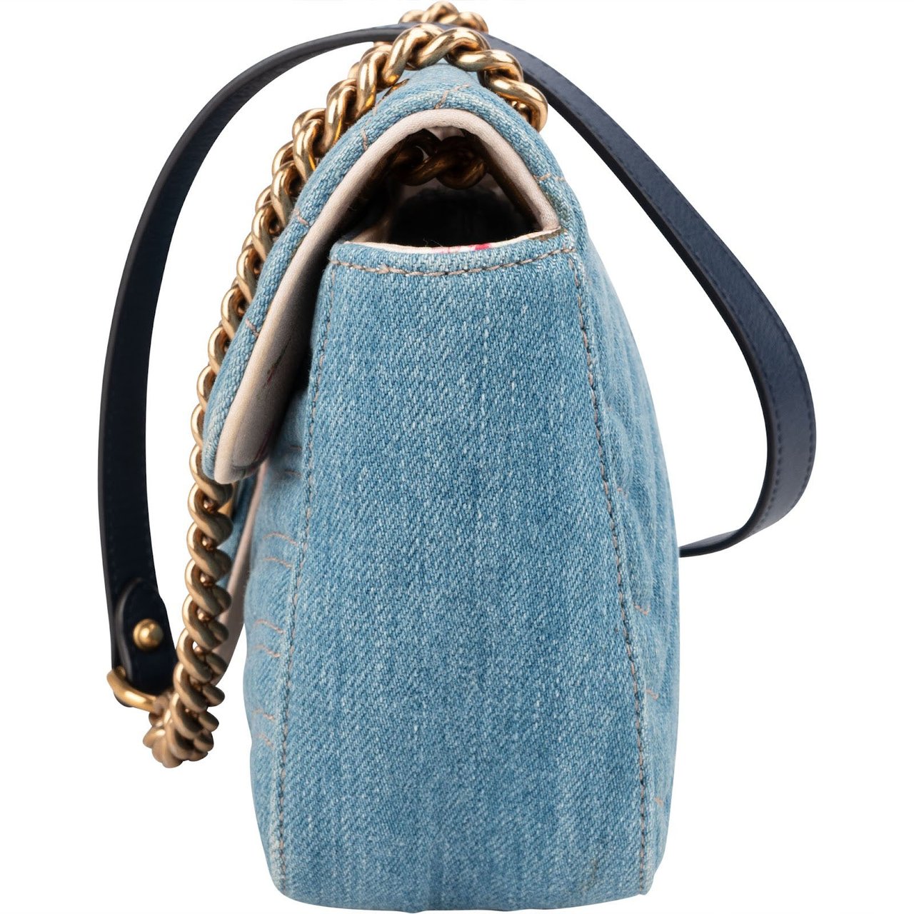 Gucci Denim Matelassé Denim Pearl GG Marmont Crossbody Bag Lichtblauw