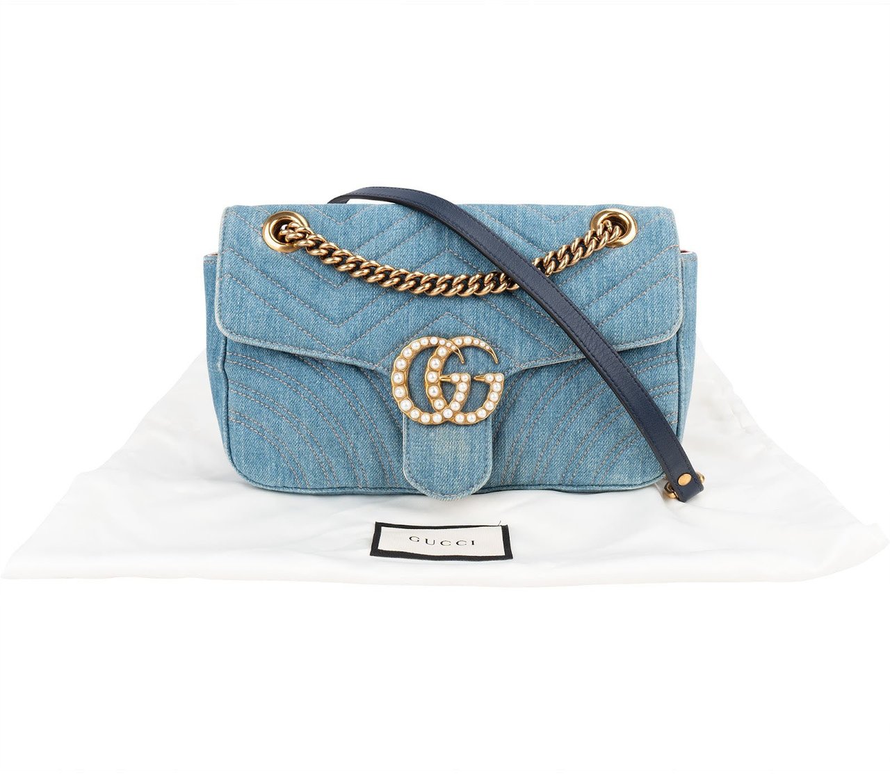 Gucci Denim Matelassé Denim Pearl GG Marmont Crossbody Bag Lichtblauw