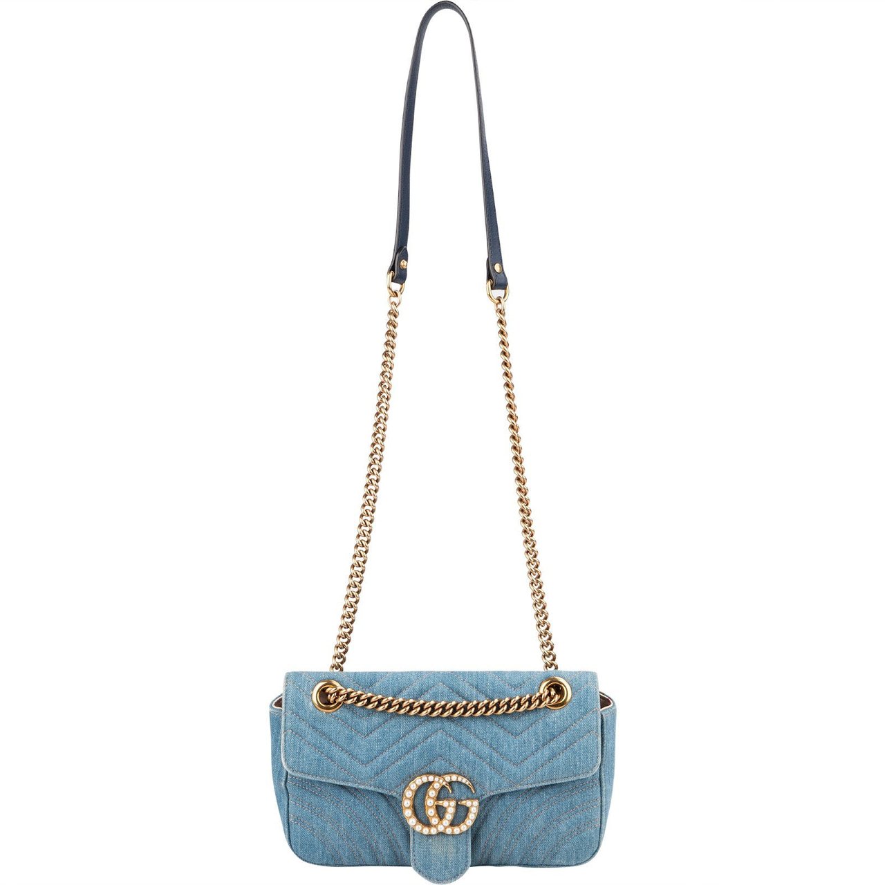 Gucci Denim Matelassé Denim Pearl GG Marmont Crossbody Bag Lichtblauw