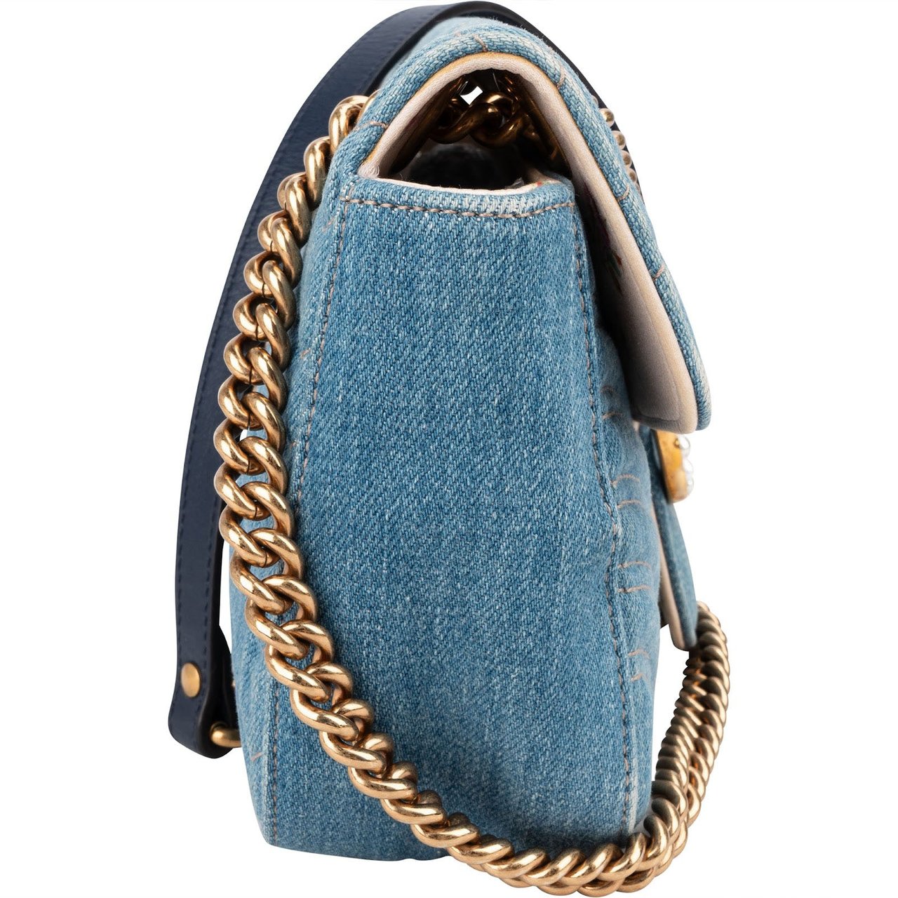 Gucci Denim Matelassé Denim Pearl GG Marmont Crossbody Bag Lichtblauw