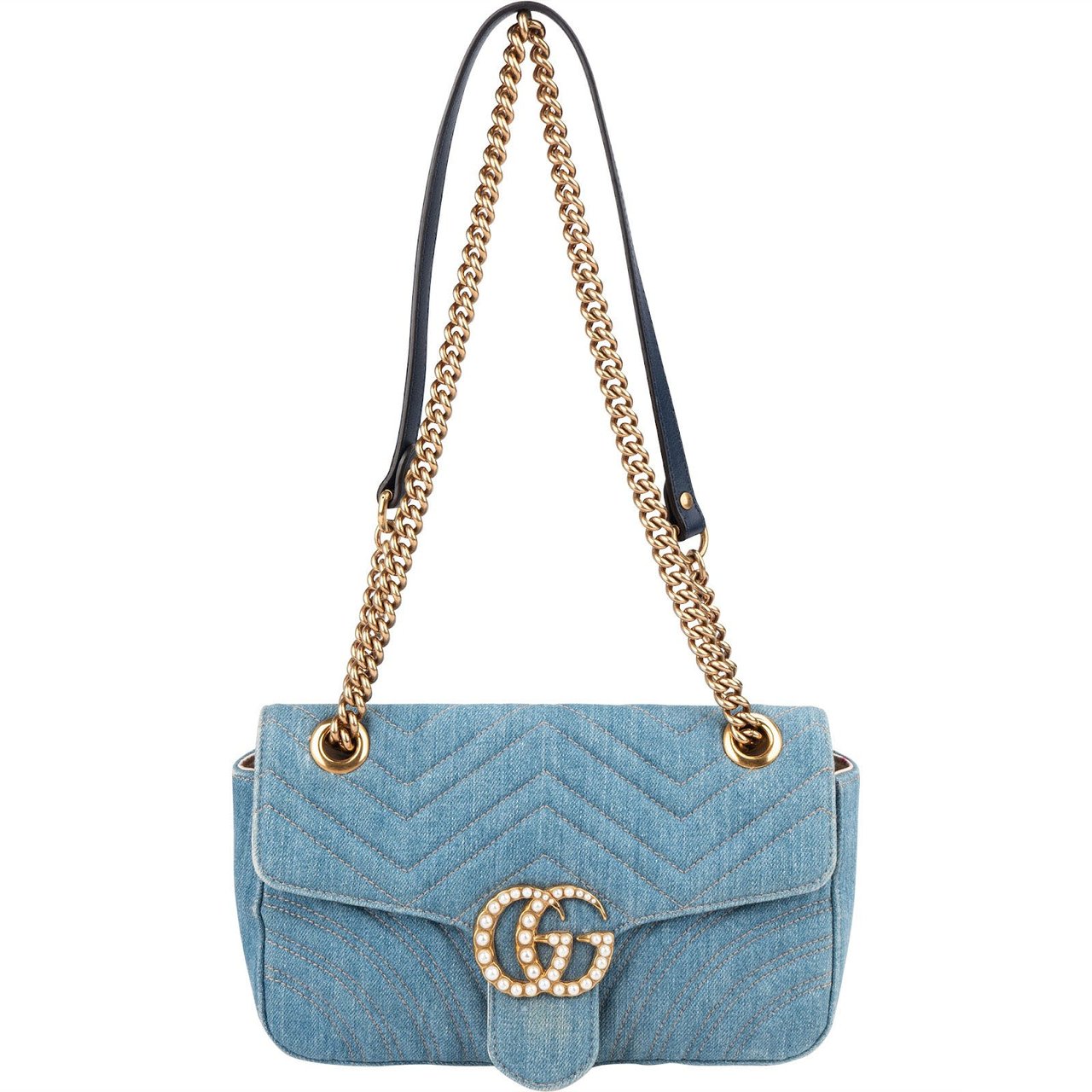 Gucci Denim Matelassé Denim Pearl GG Marmont Crossbody Bag Lichtblauw