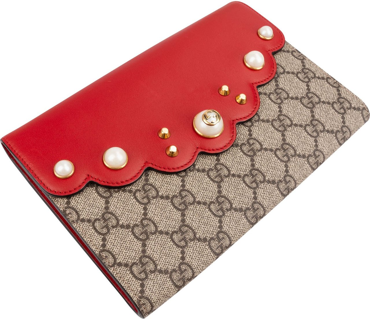 Gucci Monogram GG Supreme Pearl Studded Wallet Clutch Beige