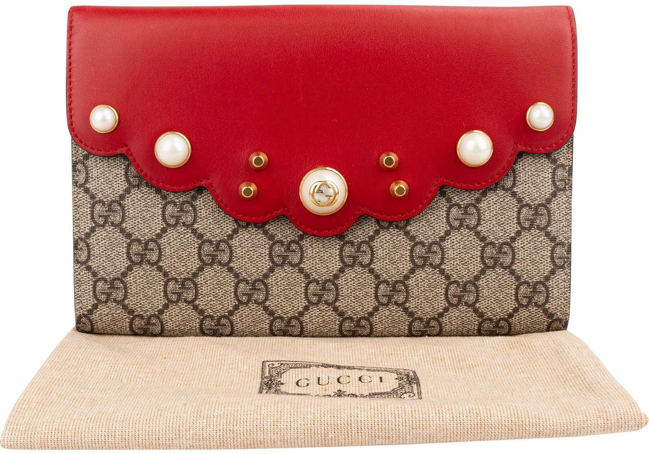 Gucci Monogram GG Supreme Pearl Studded Wallet Clutch Beige