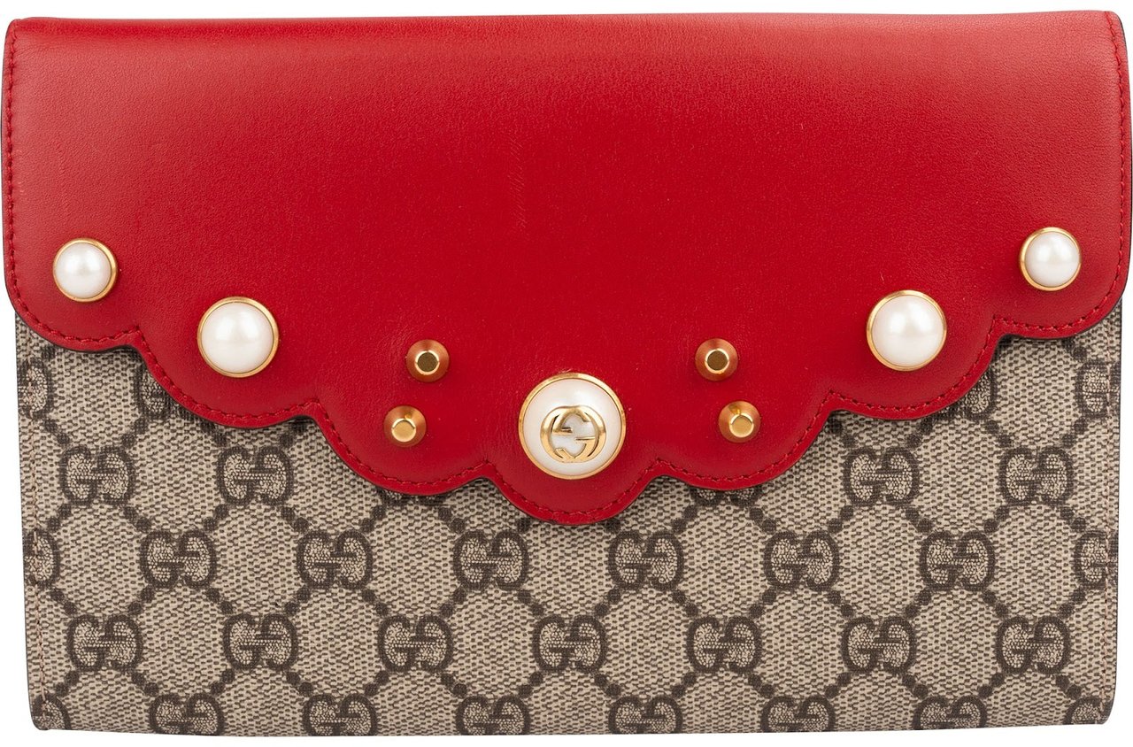 Gucci Monogram GG Supreme Pearl Studded Wallet Clutch Beige