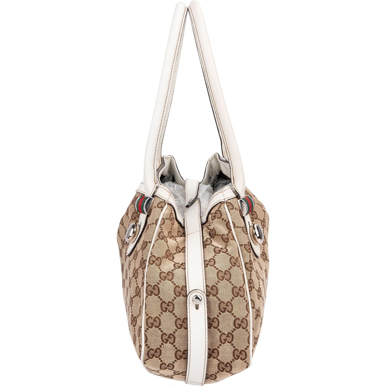 Gucci Monogram GG Canvas Web Stripe Tote Shoulder Bag Beige