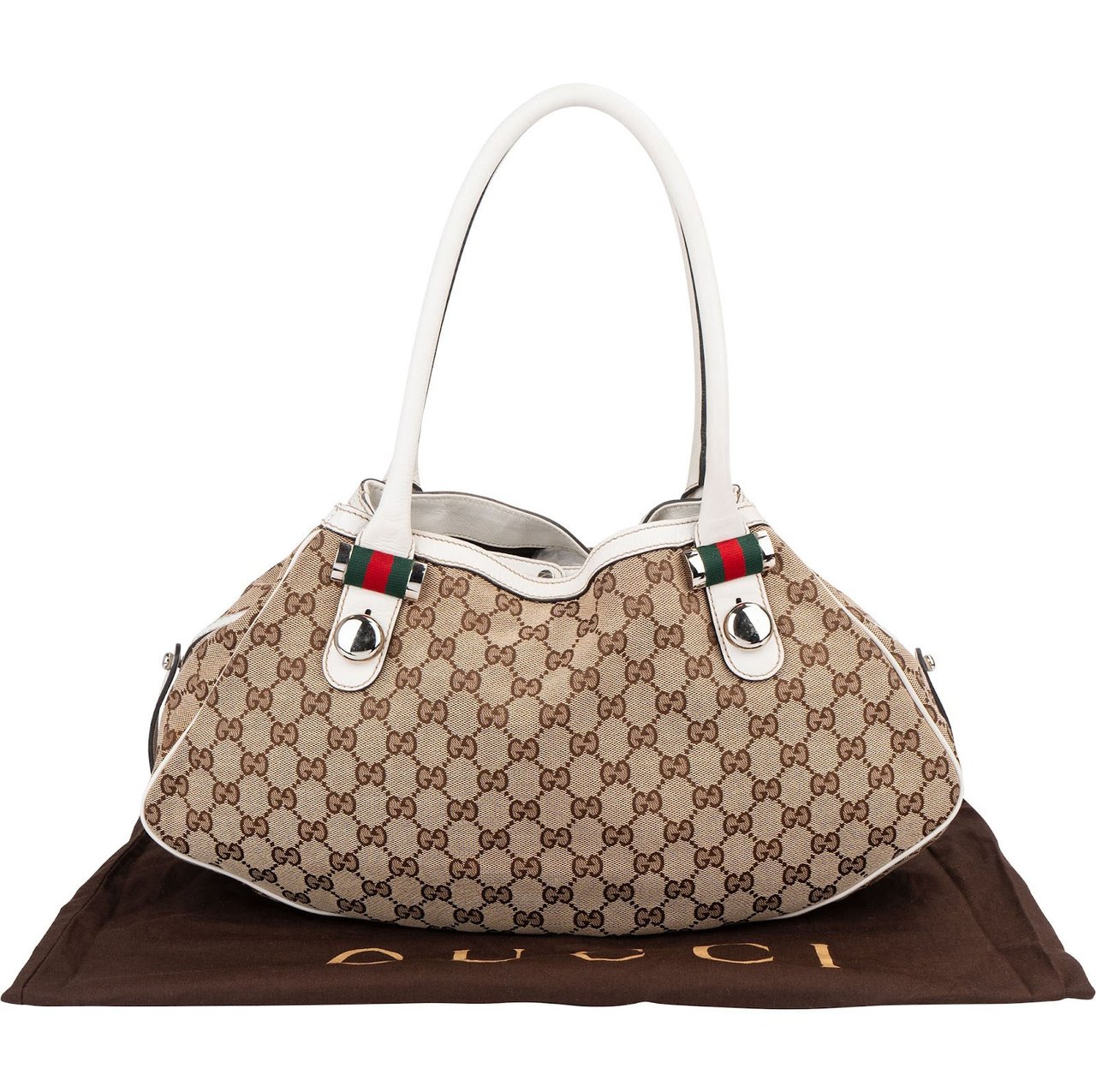 Gucci Monogram GG Canvas Web Stripe Tote Shoulder Bag Beige
