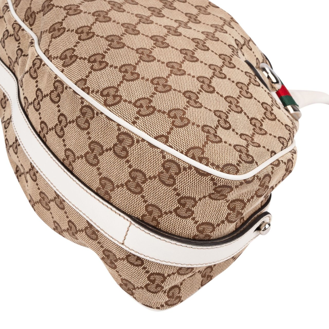 Gucci Monogram GG Canvas Web Stripe Tote Shoulder Bag Beige