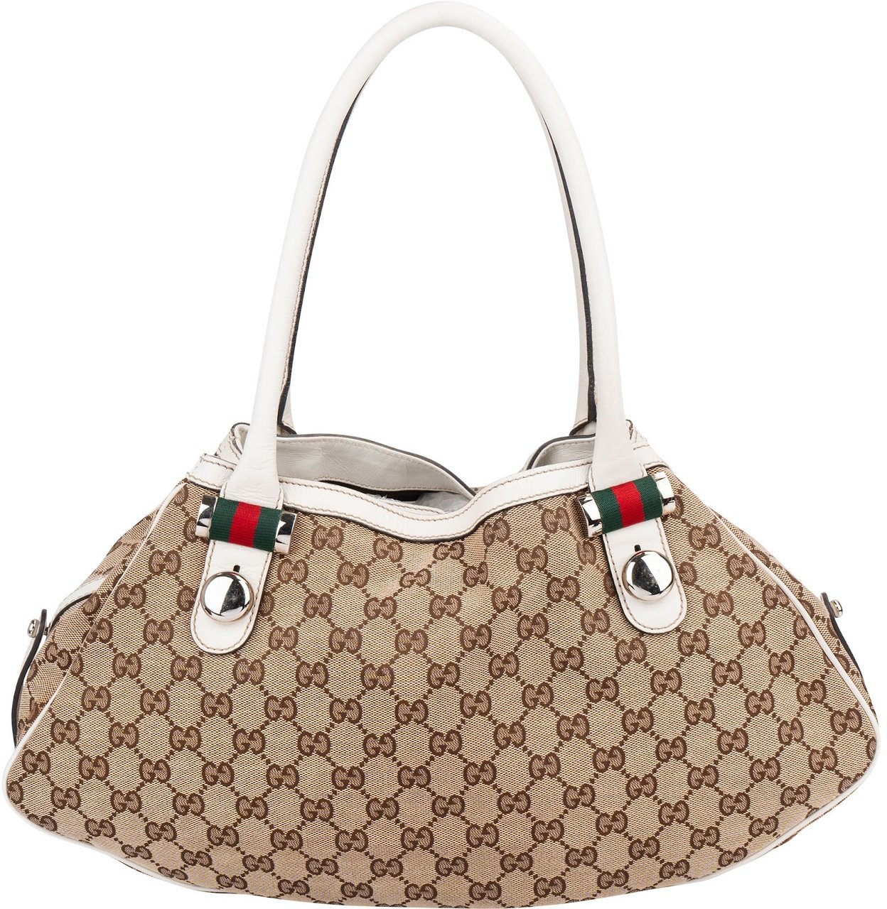 Gucci Monogram GG Canvas Web Stripe Tote Shoulder Bag Beige