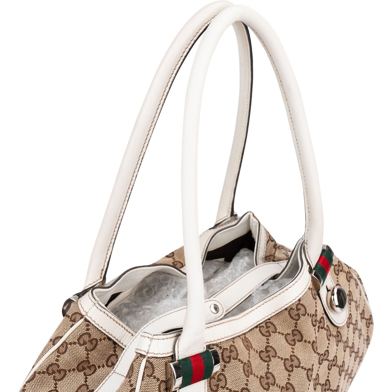 Gucci Monogram GG Canvas Web Stripe Tote Shoulder Bag Beige