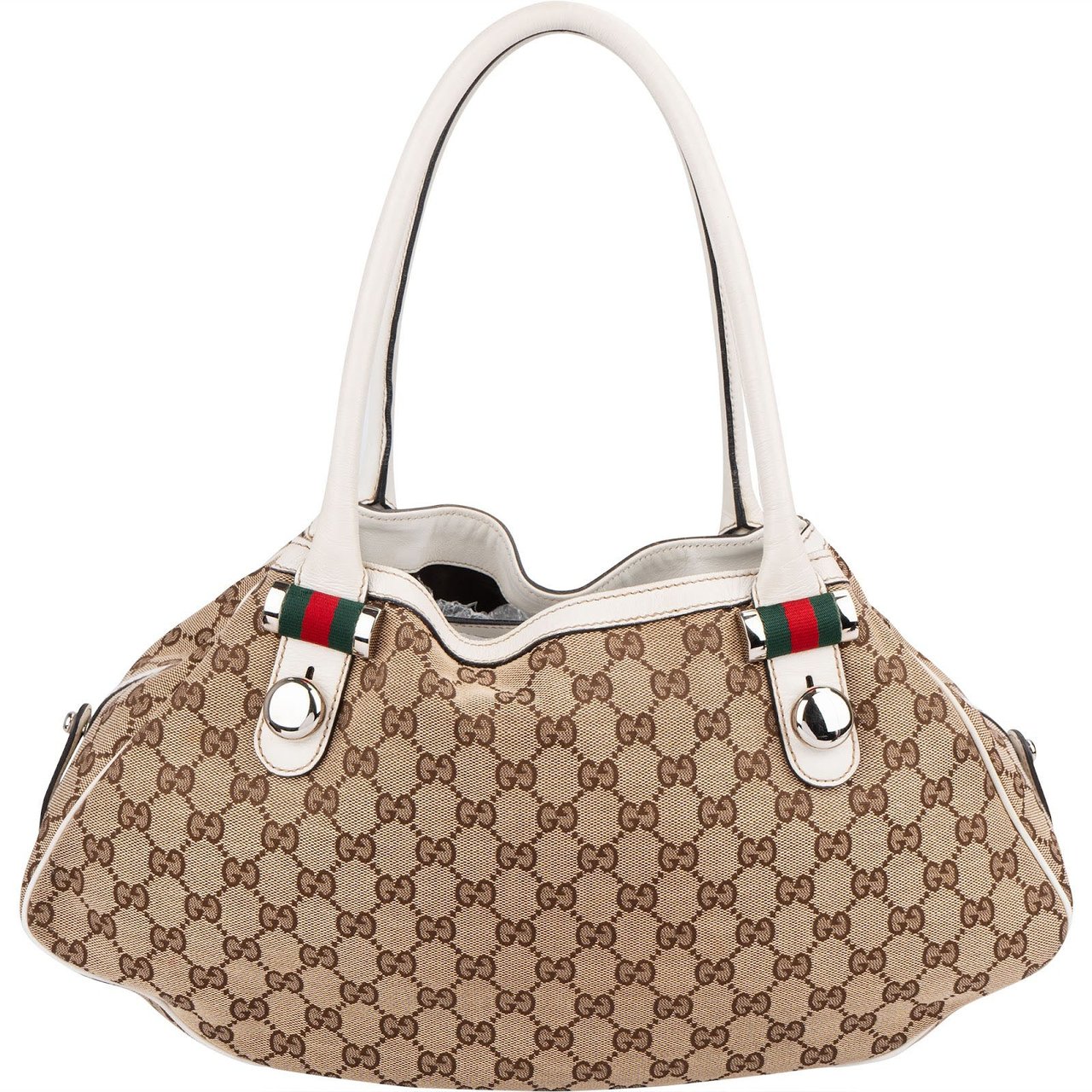 Gucci Monogram GG Canvas Web Stripe Tote Shoulder Bag Beige