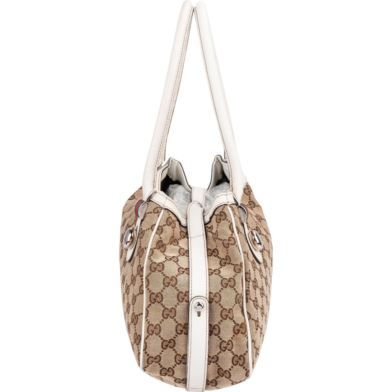 Gucci Monogram GG Canvas Web Stripe Tote Shoulder Bag Beige