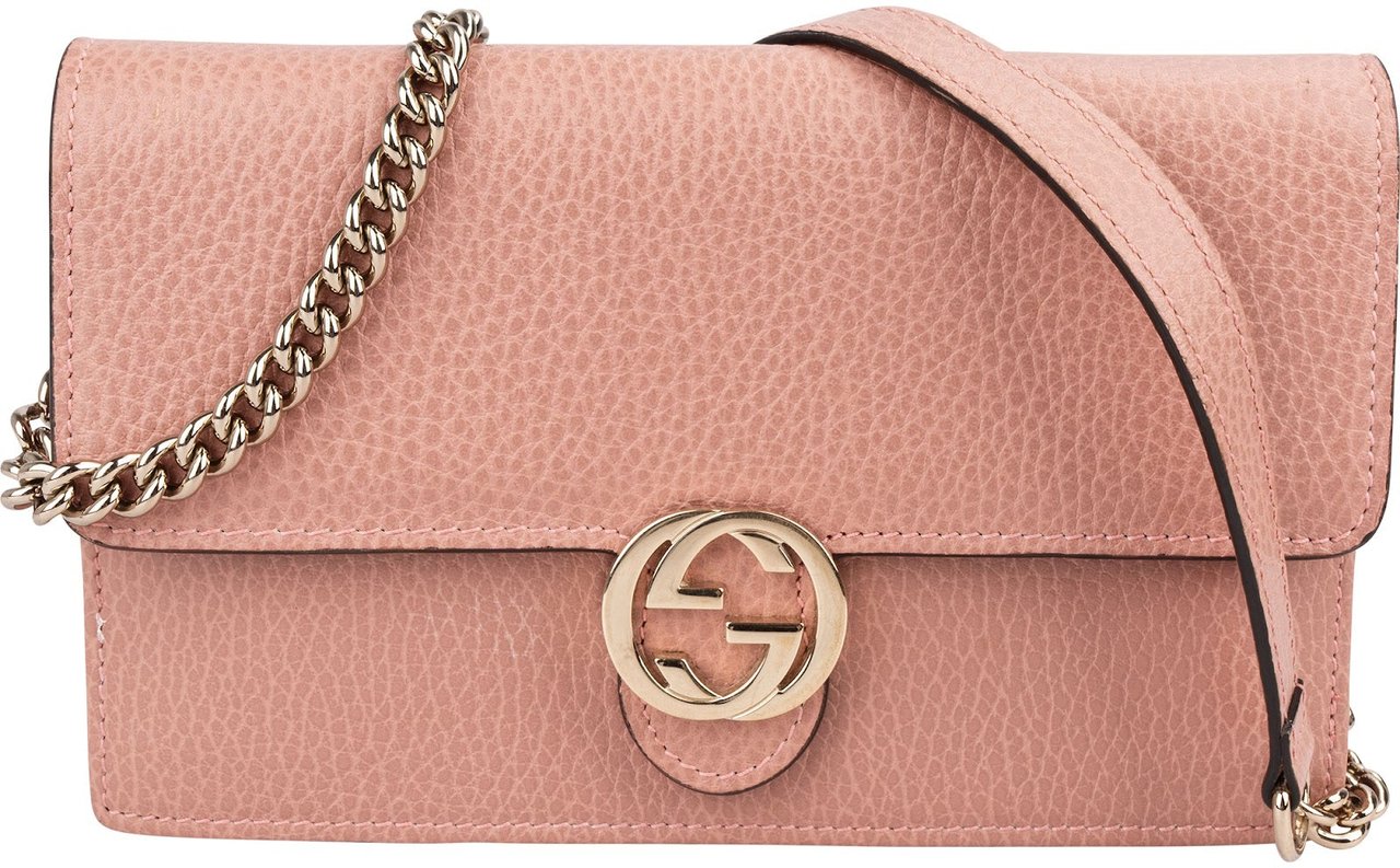 Gucci Leather Interlocking GG Wallet On Chain Crossbody Bag Roze