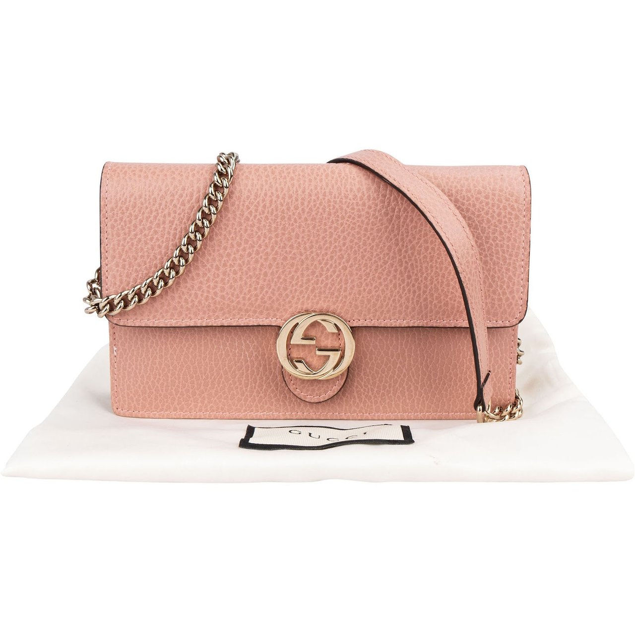 Gucci Leather Interlocking GG Wallet On Chain Crossbody Bag Roze
