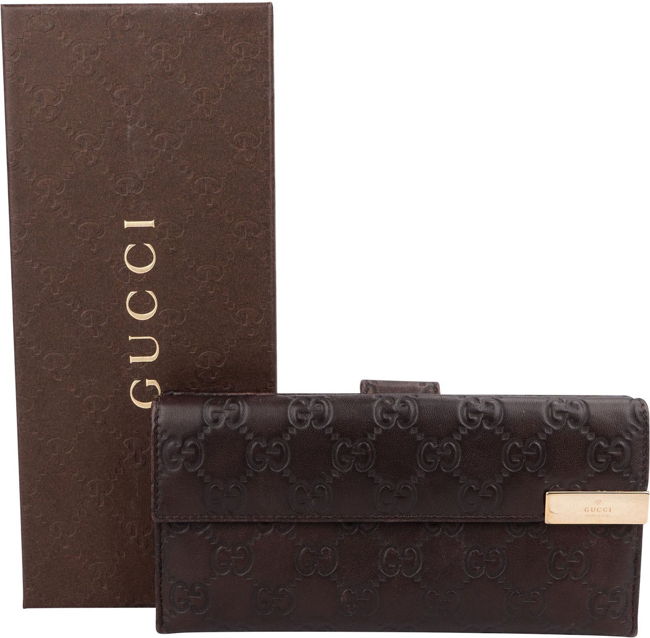 Gucci Guccissima Leather Metal Bar Continental Wallet Bruin