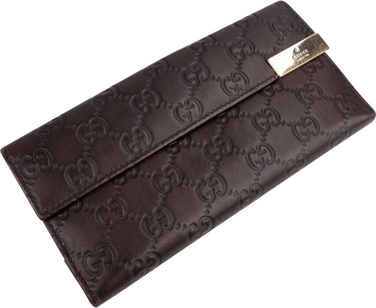 Gucci Guccissima Leather Metal Bar Continental Wallet Bruin