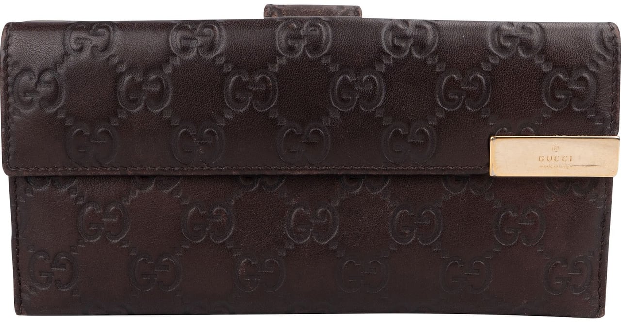 Gucci Guccissima Leather Metal Bar Continental Wallet Bruin