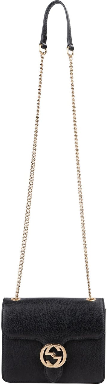 Gucci Pebbled Leather Interlocking GG Flap Crossbody Bag Zwart