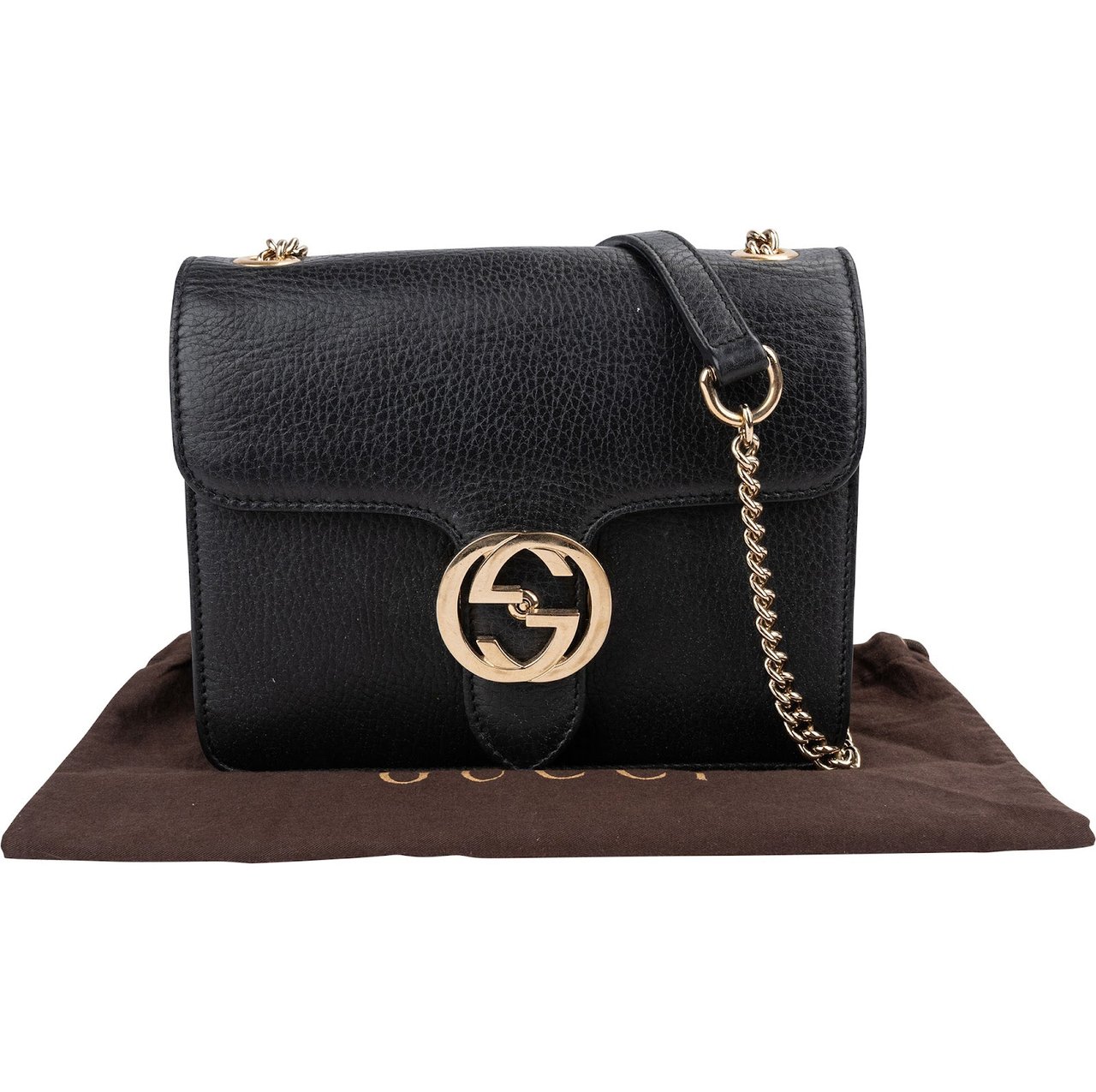 Gucci Pebbled Leather Interlocking GG Flap Crossbody Bag Zwart