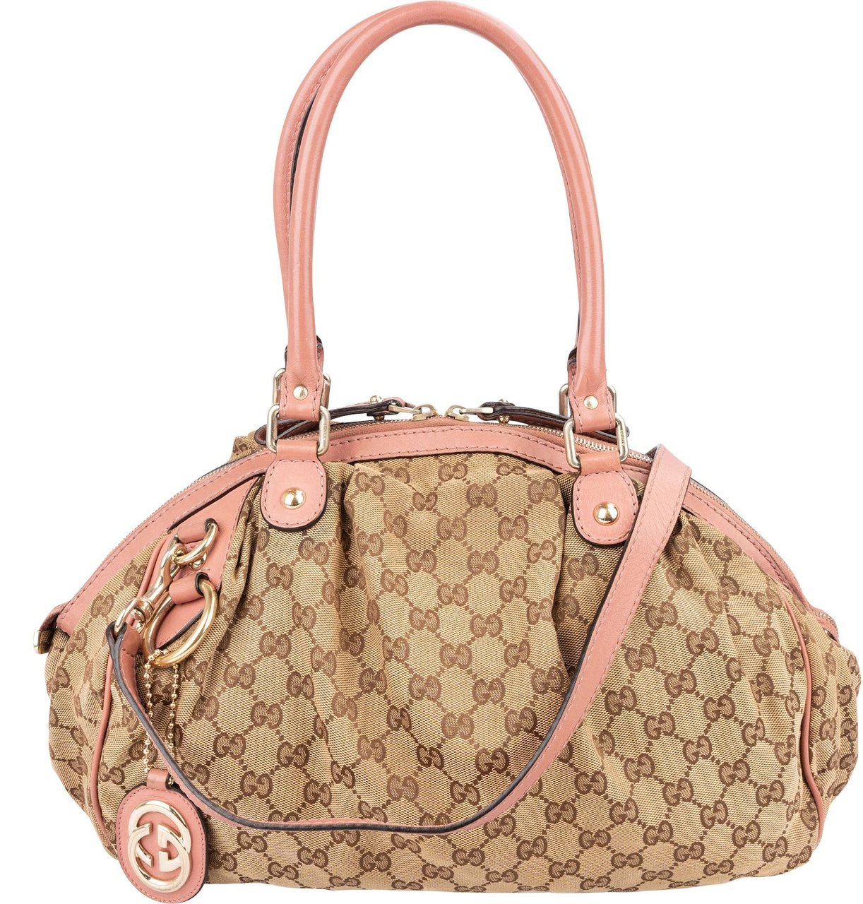 Gucci Monogram GG Canvas Pink Leather Sukey Shoulder Bag Beige