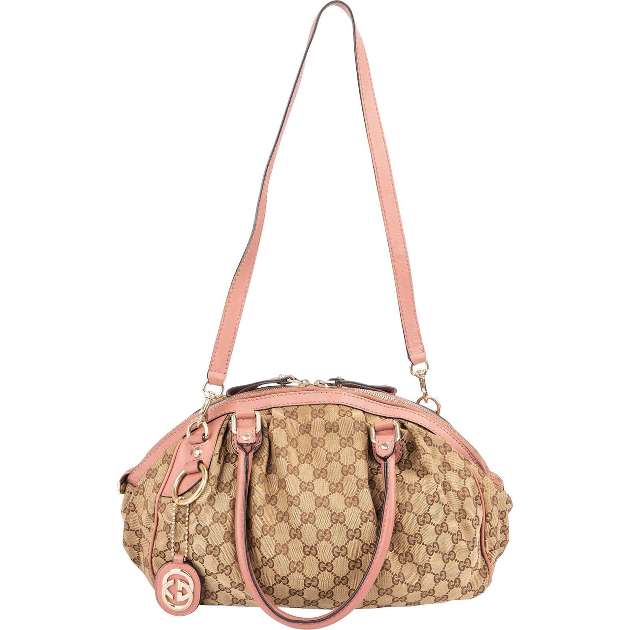 Gucci Monogram GG Canvas Pink Leather Sukey Shoulder Bag Beige