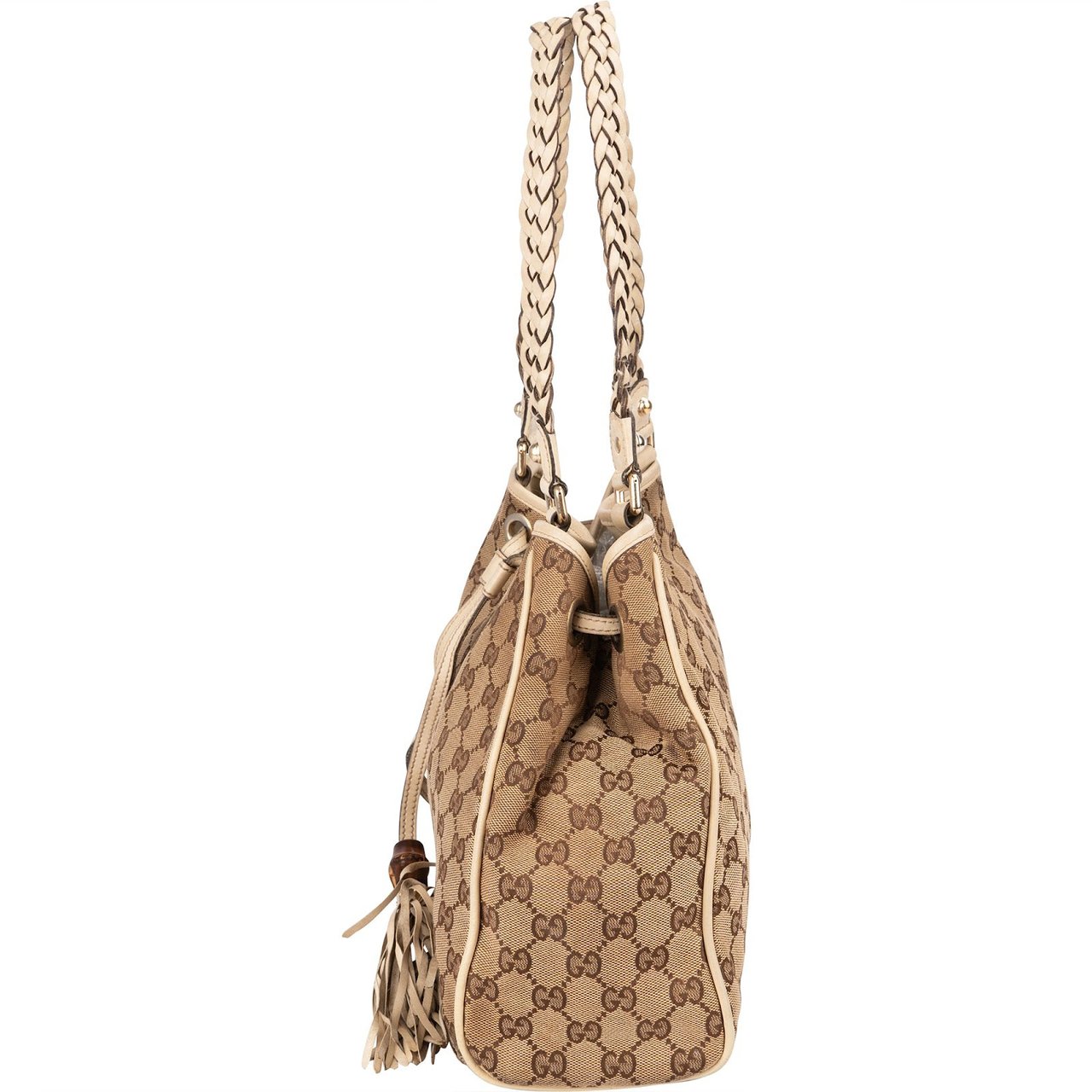 Gucci Monogram GG Canvas Bamboo Tassel Tote Shoulder Bag Beige