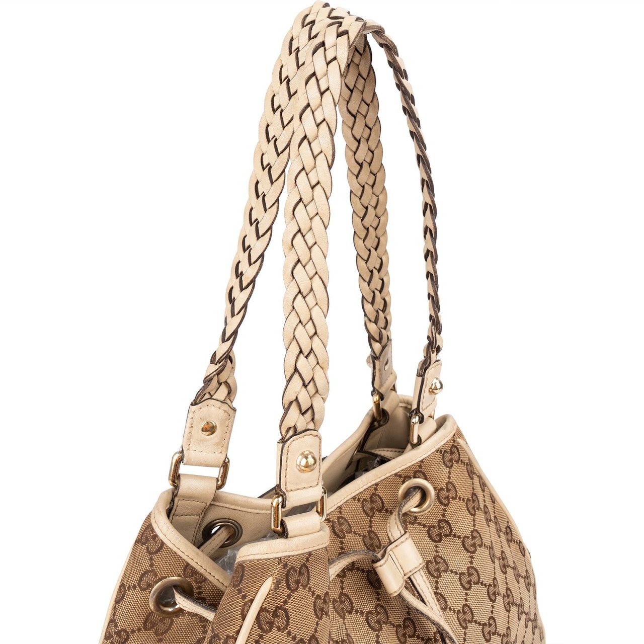 Gucci Monogram GG Canvas Bamboo Tassel Tote Shoulder Bag Beige