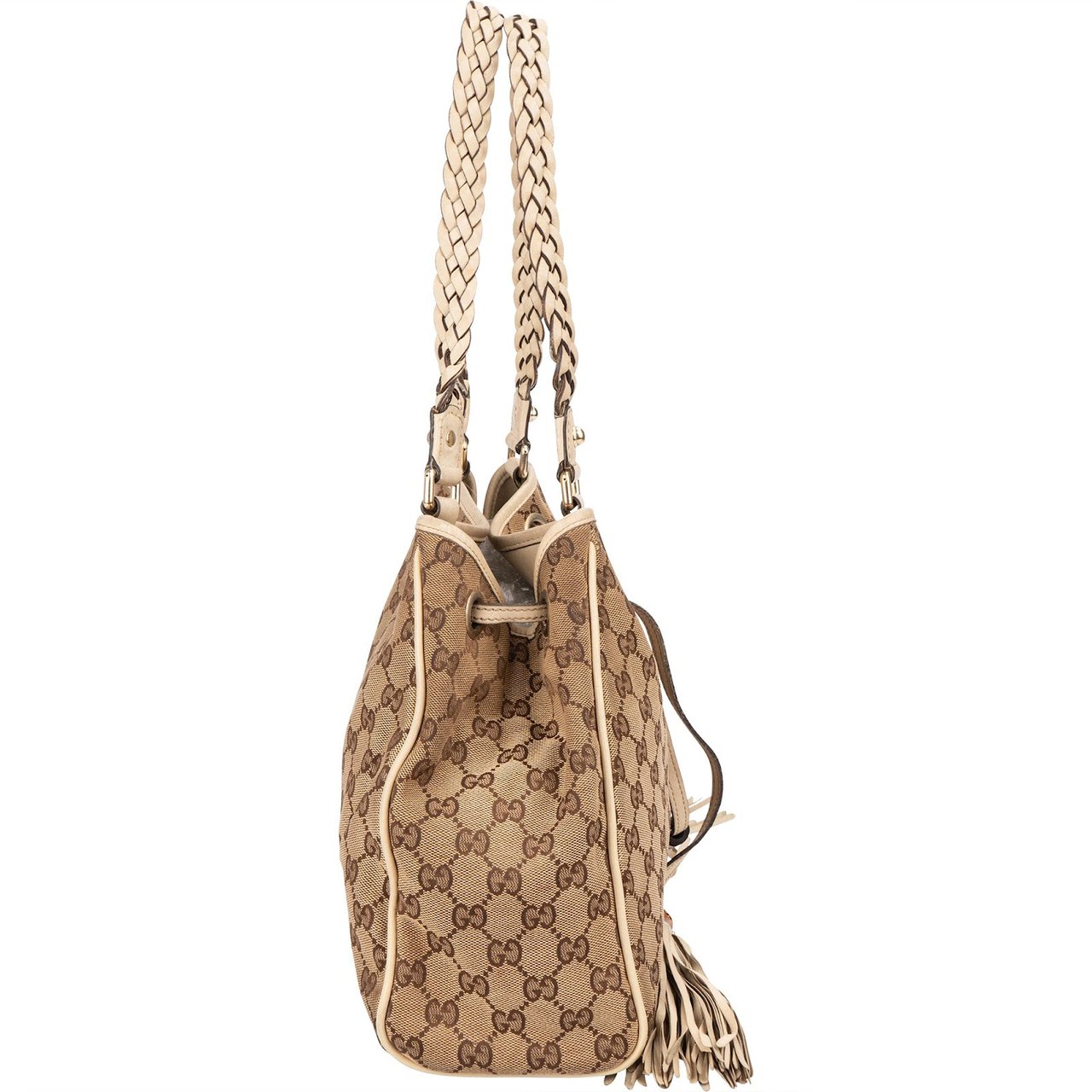 Gucci Monogram GG Canvas Bamboo Tassel Tote Shoulder Bag Beige